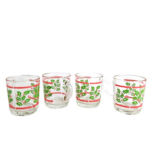 Set of 4 Vintage Durax Christmas Holly Tempered Glass Mugs Argentina Holiday - Picture 2 of 9